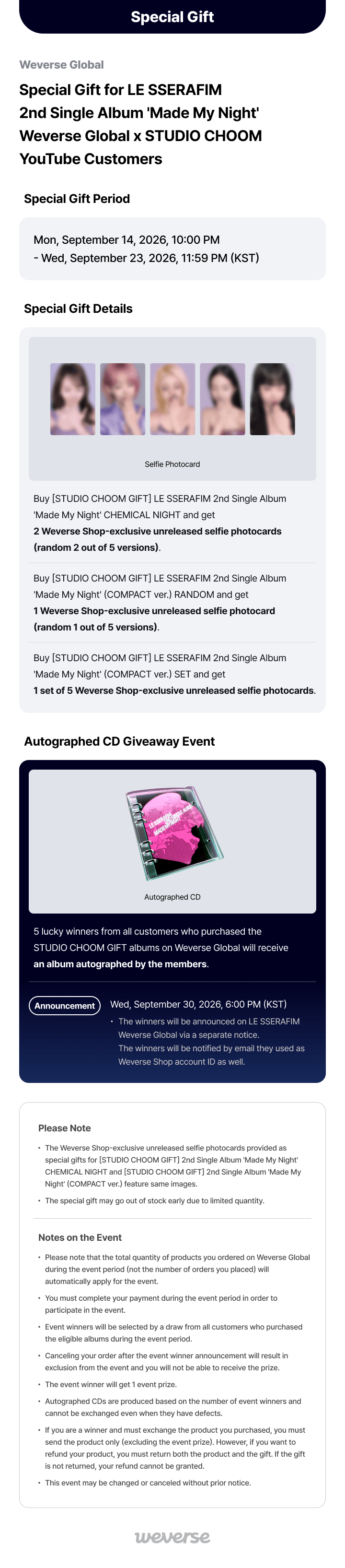 *PRE ORDER* LE SSERAFIM 2nd Single Album 'Made My Night' Weverse Global × STUDIO CHOOM Special Gift- Compact version