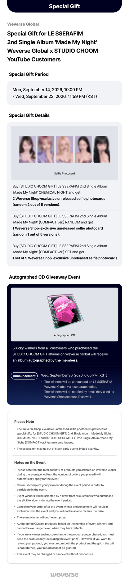 *PRE ORDER* LE SSERAFIM 2nd Single Album 'Made My Night' Weverse Global × STUDIO CHOOM Special Gift- Compact version